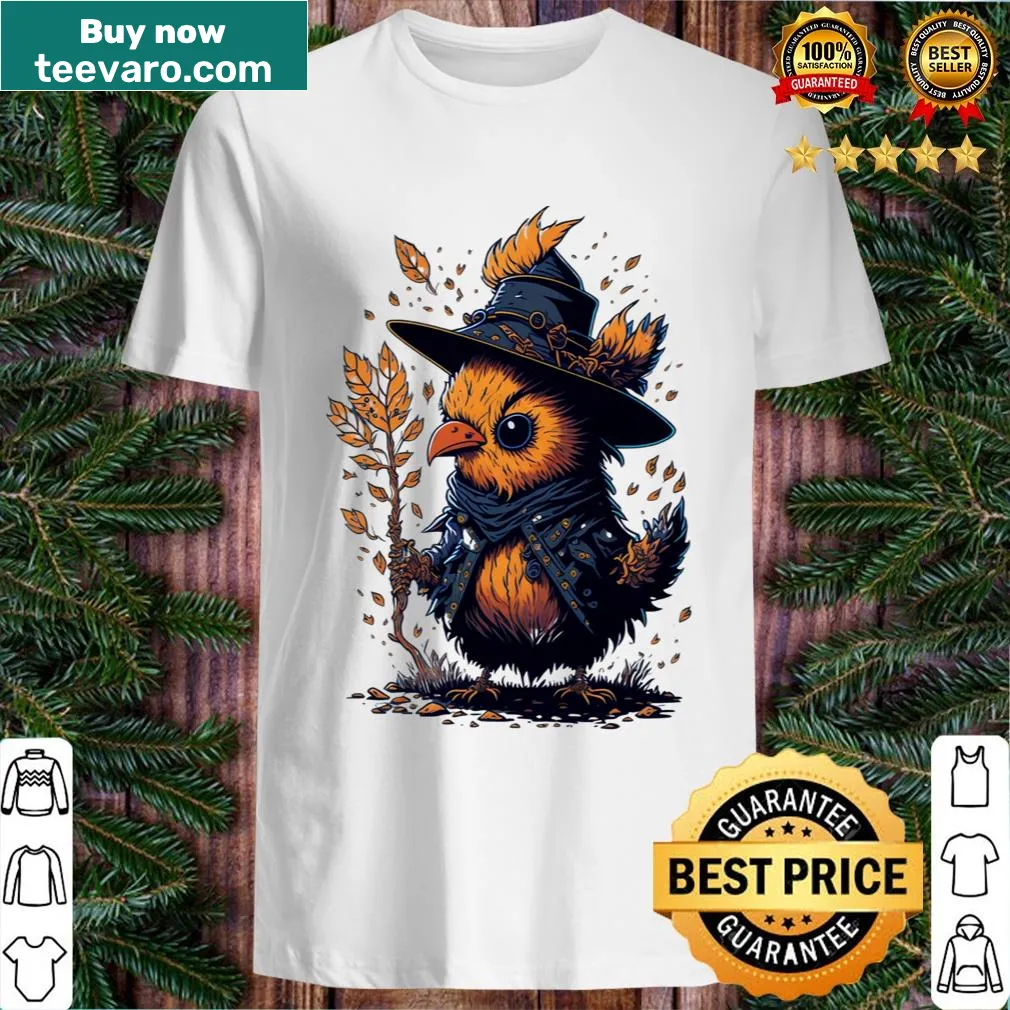 Whimsical autumn scarecrow and chicken illustration t-shirt — on a men's t-shirt