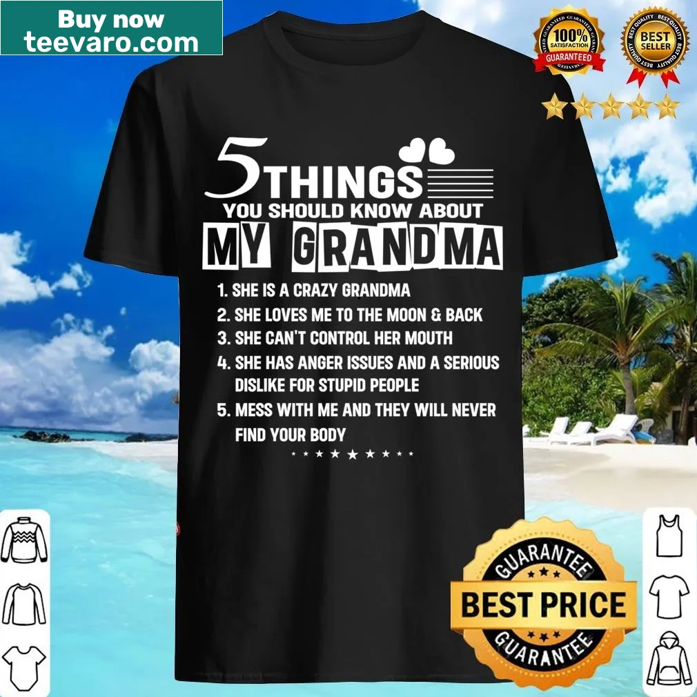 Illustrated text listing five qualities of the best grandma on a t-shirt — on a men's t-shirt
