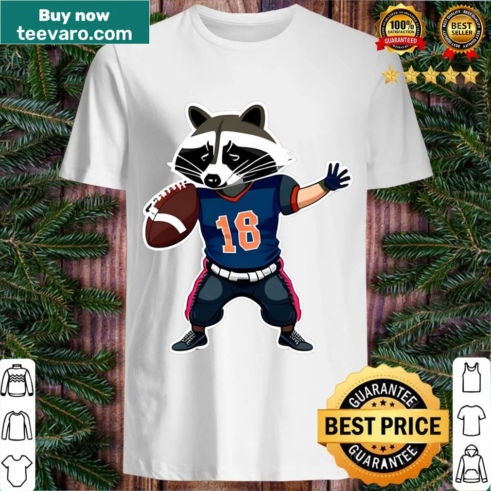 Cartoon raccoon playing football with number 18 jersey — on a men's t-shirt