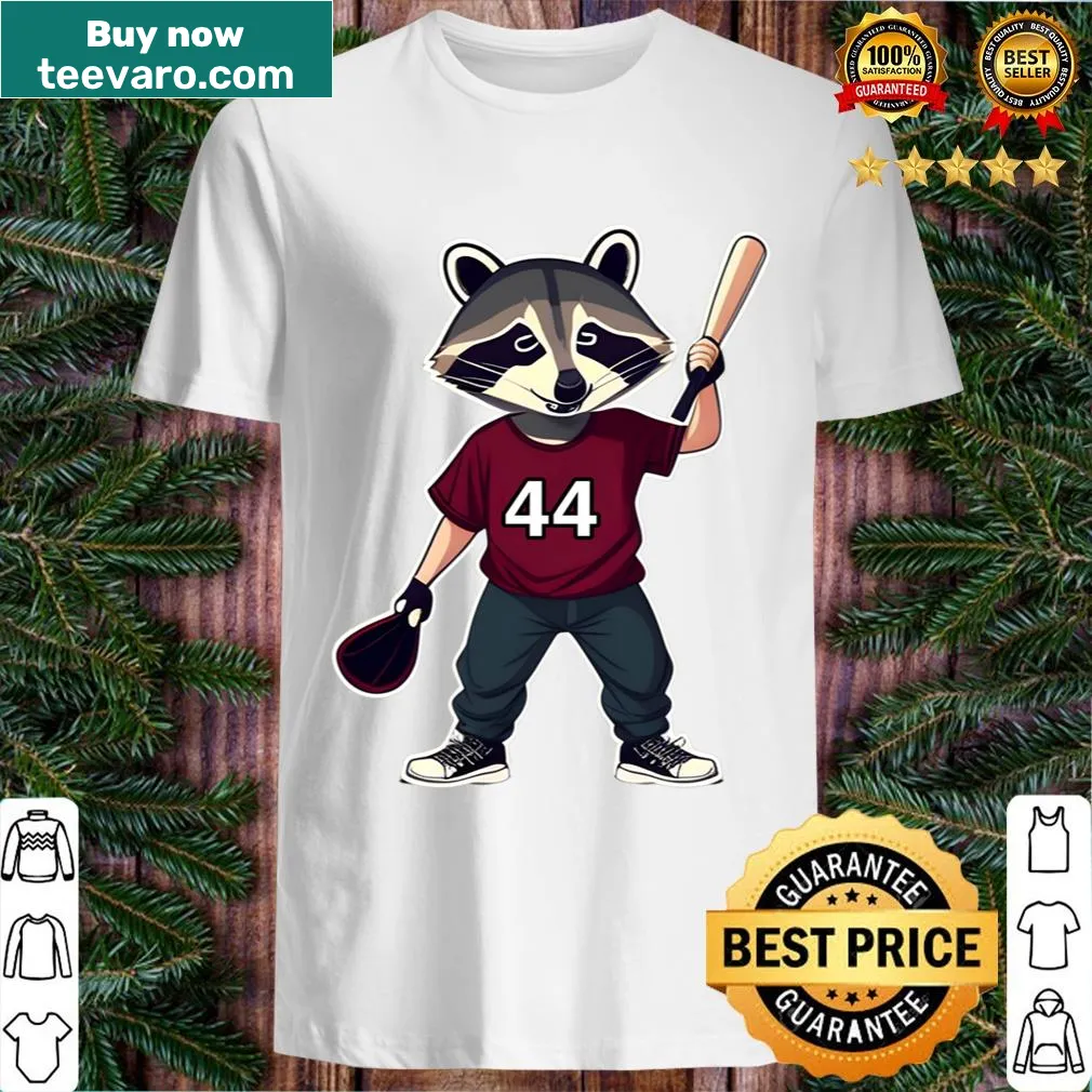 Cartoon raccoon playing baseball with number 44 jersey — on a men's t-shirt