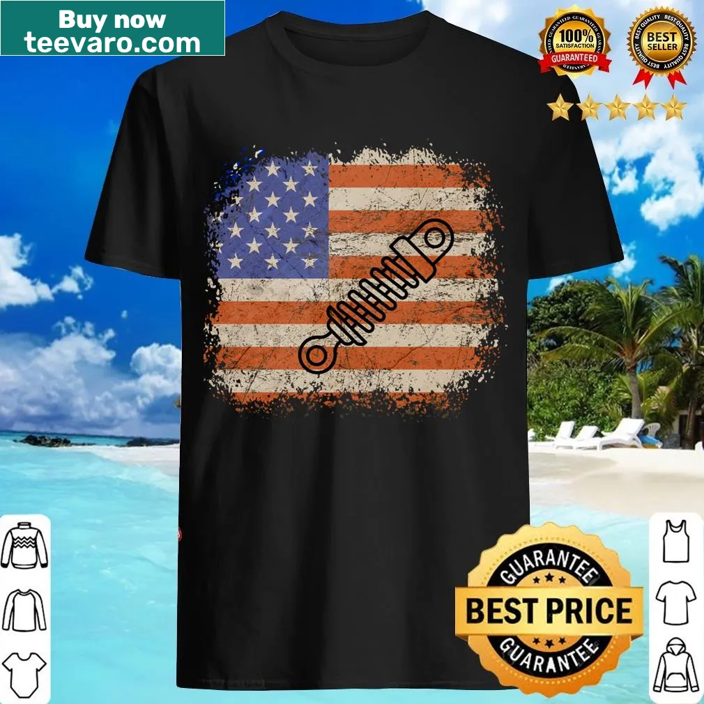 Vintage piston design over American flag for muscle car fans — on a men's t-shirt