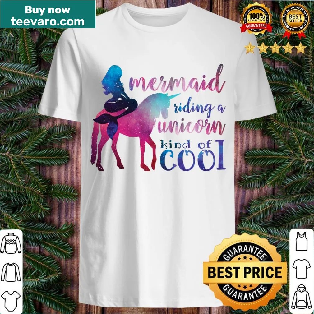 Whimsical T-shirt featuring a mermaid riding a unicorn design — on a men's t-shirt