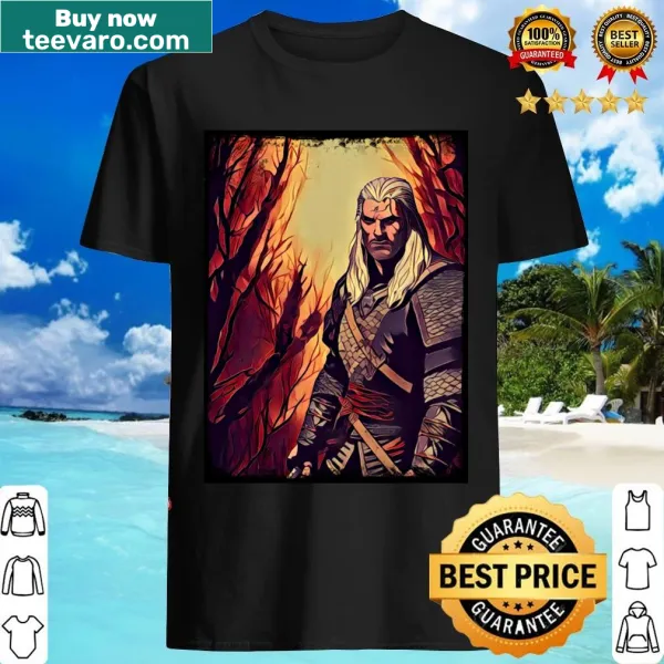 Dramatic T-shirt featuring a monster slayer in a haunted forest design