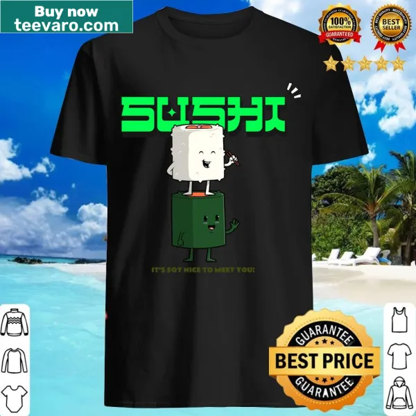 Cartoon sushi characters with humorous text on a T-shirt.