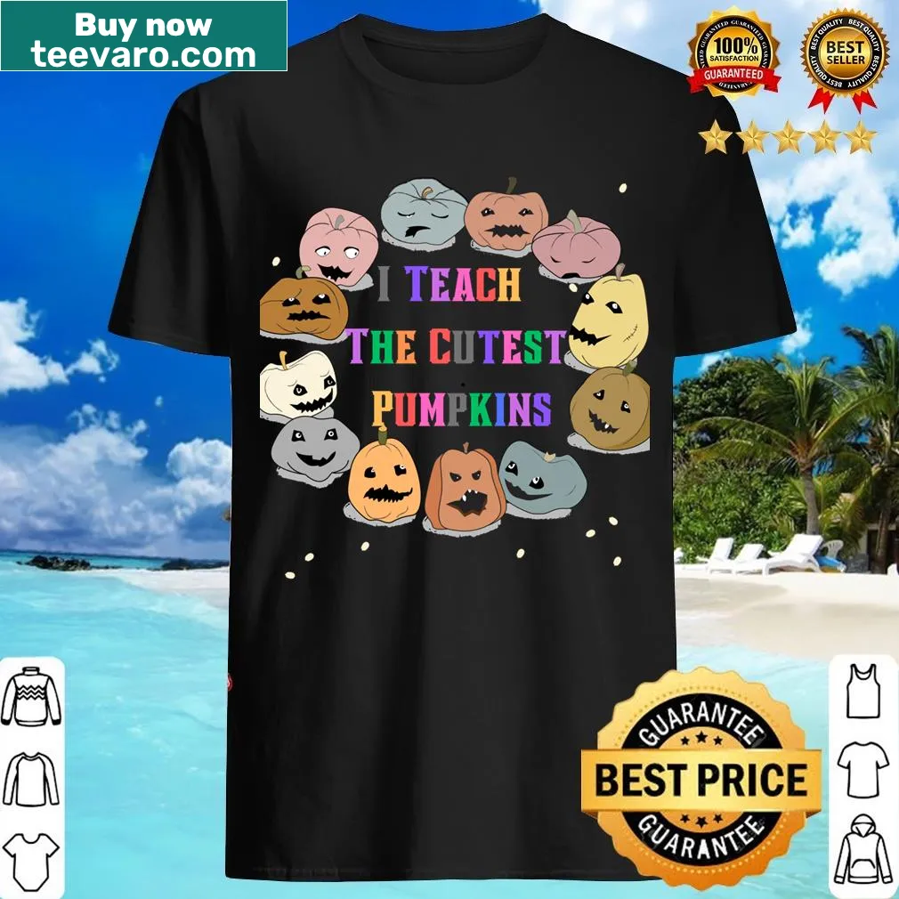 Cute Halloween teacher t-shirt with pumpkins and text — on a men's t-shirt