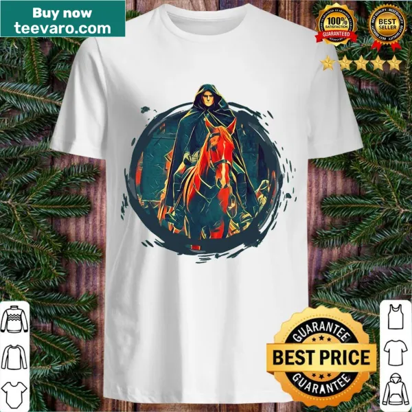 Illustrated fantasy scene with a rider and roach on a T-shirt.