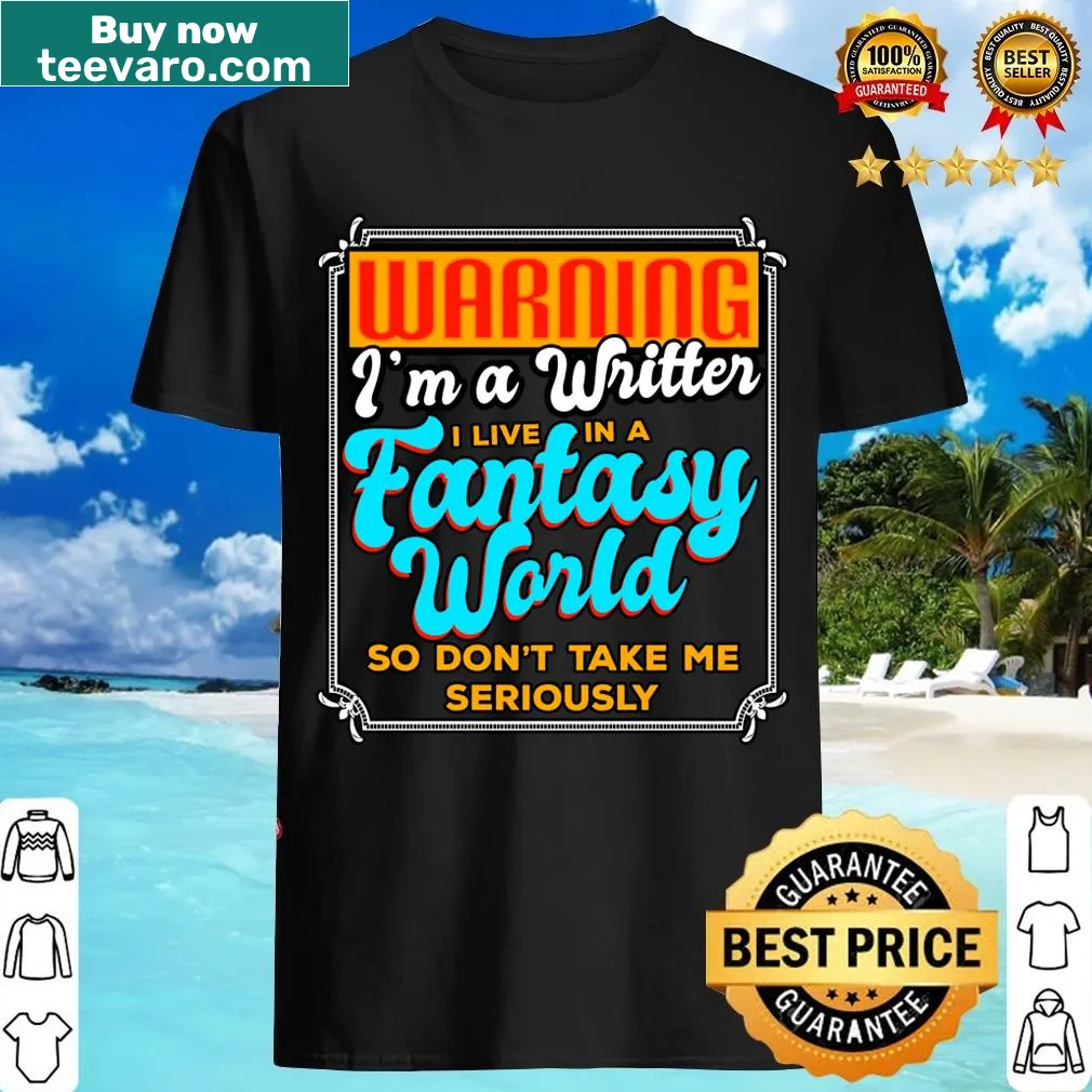 Warning-style T-shirt for writers with a fantasy theme — on a men's t-shirt