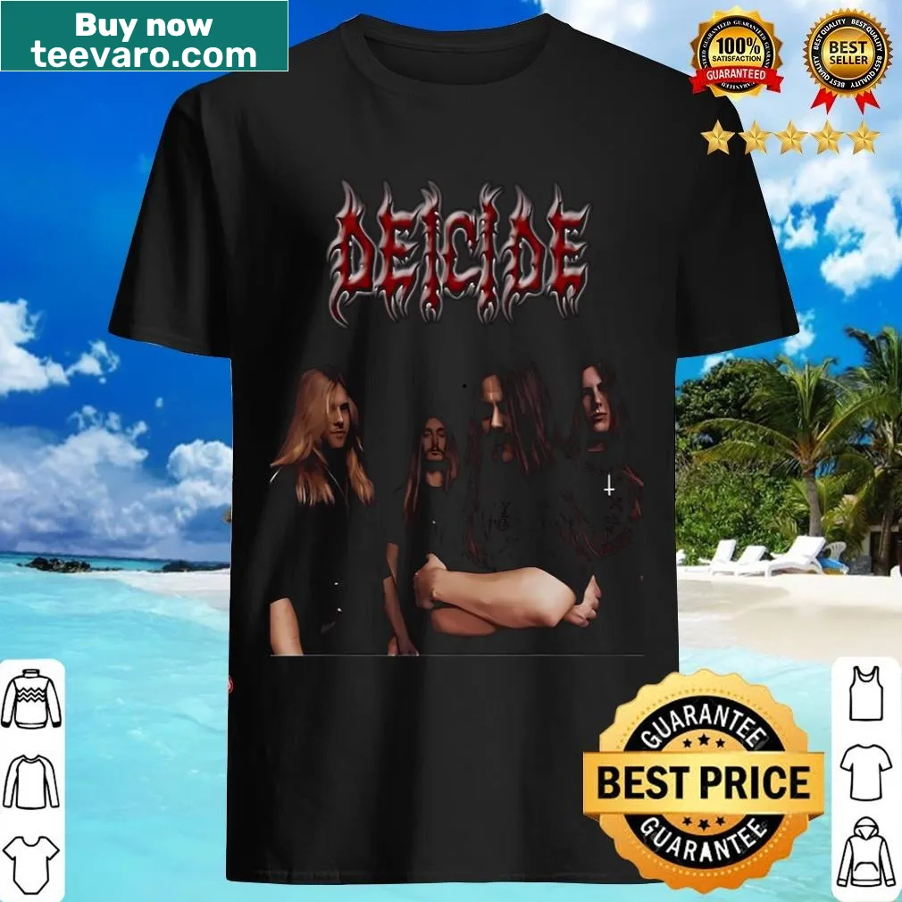 Graphic T-shirt featuring references to the band Deicide — on a men's t-shirt