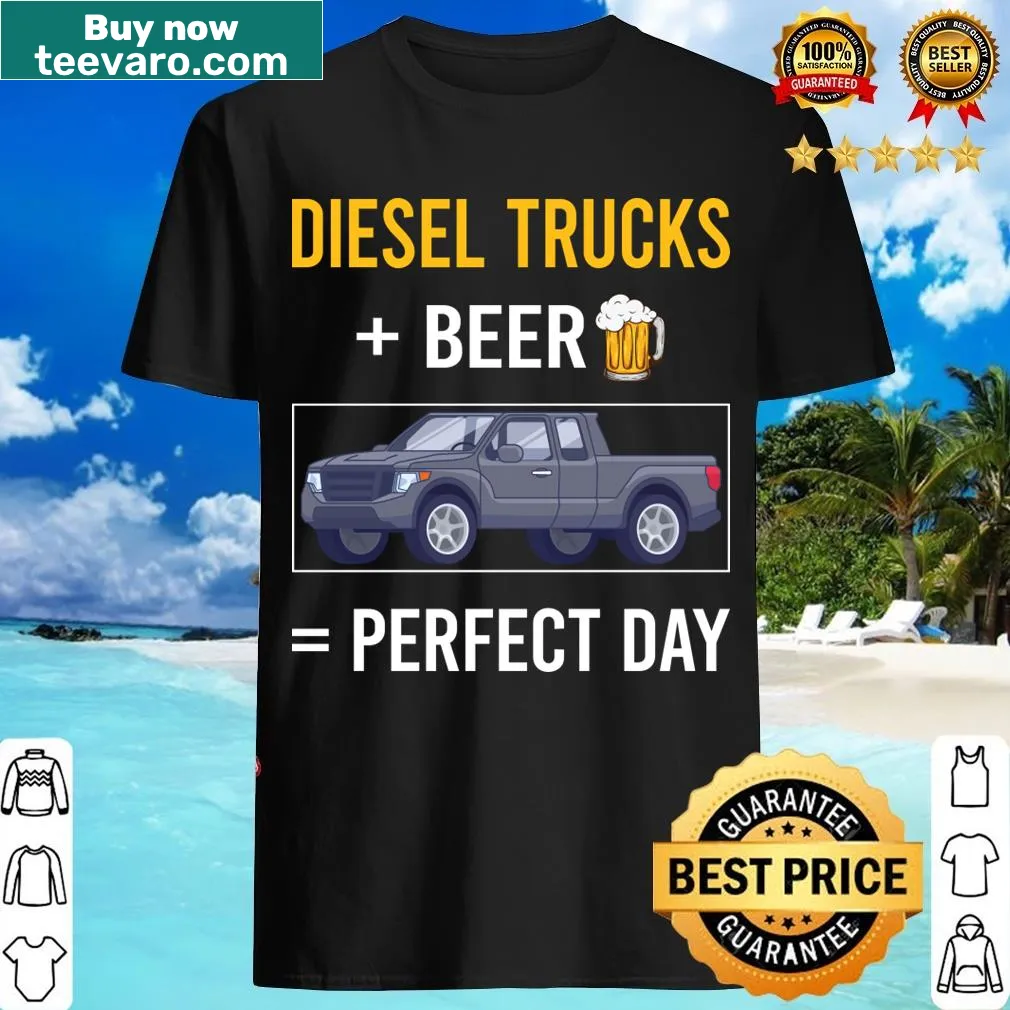 T-shirt featuring emblematic graphic of diesel trucks and beer — on a men's t-shirt