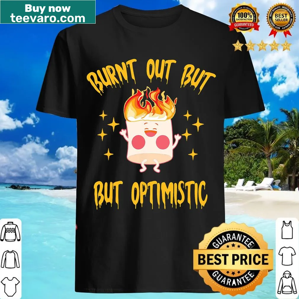 Vintage-style T-shirt with the quote Burnt Out But Optimistic and sunset graphic — on a men's t-shirt