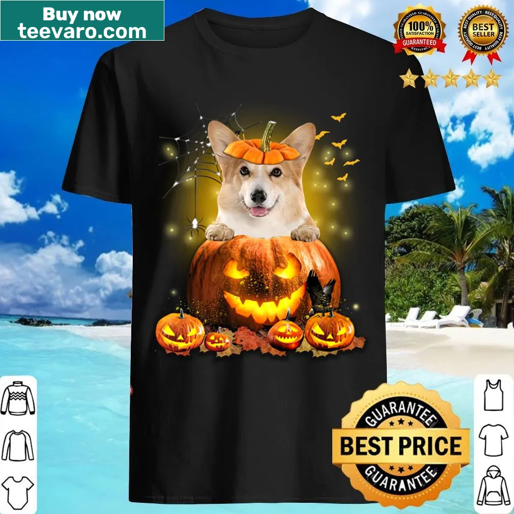 Cute Corgi pumpkin dog head T-shirt for Halloween — on a men's t-shirt