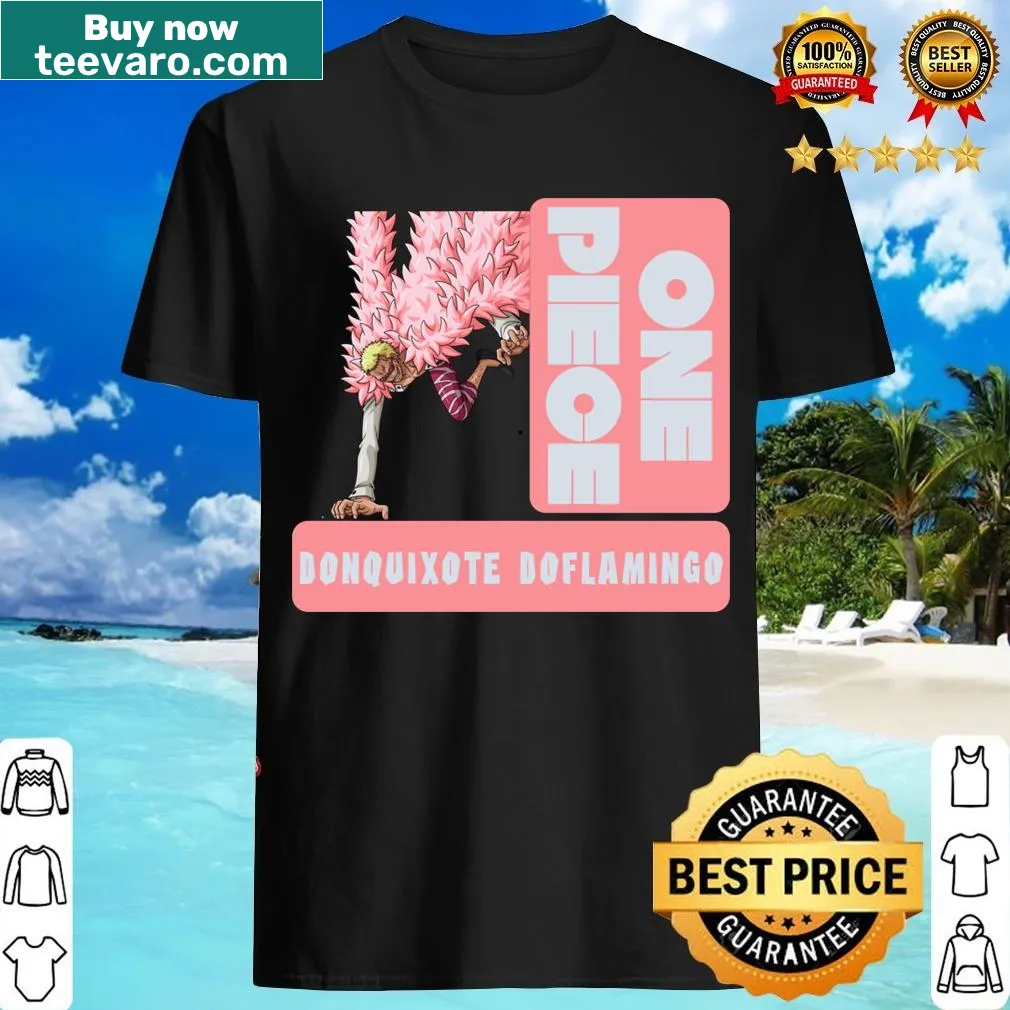 Anime-inspired illustration of Donquixote Doflamingo on a T-shirt — on a men's t-shirt