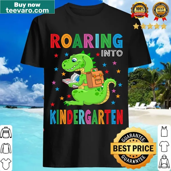 Cartoon T-rex roaring on a back-to-school T-shirt for kids