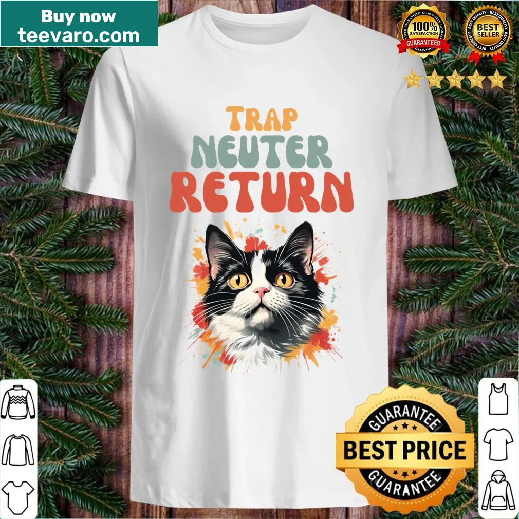 Illustration of trap-neuter-release design for supporting feral cats — on a men's t-shirt