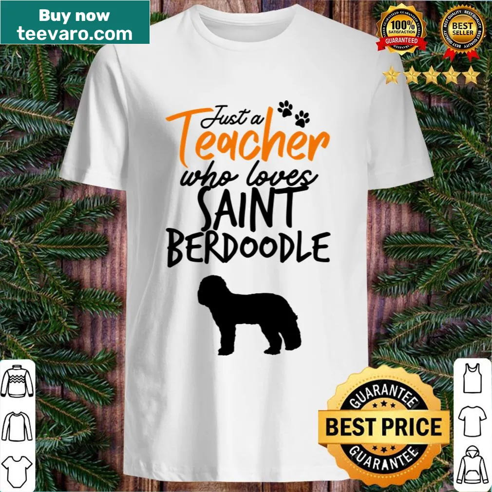Illustrated Saint Berdoodle with text on a teacher's t-shirt — on a men's t-shirt