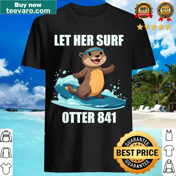 Cartoon surfing otter graphic on T-shirt