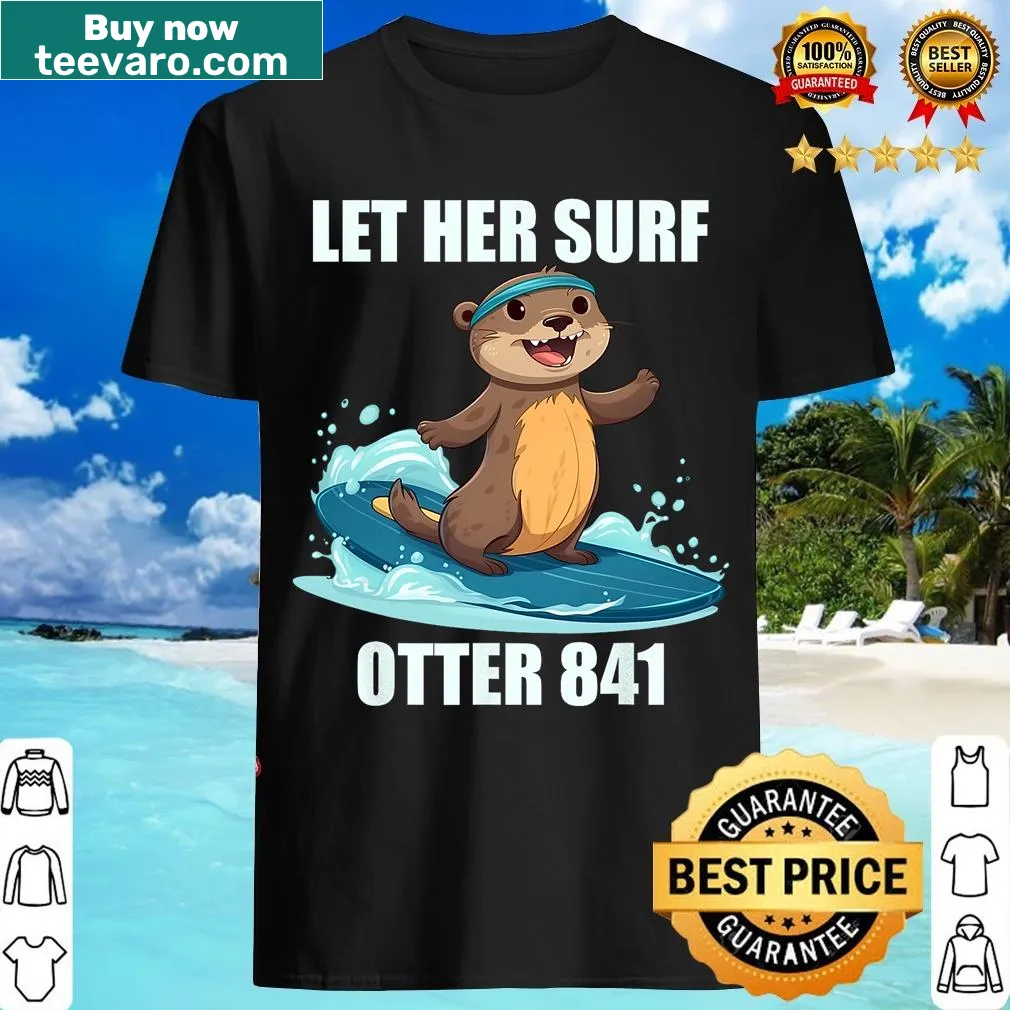 Cartoon surfing otter graphic on T-shirt — on a men's t-shirt