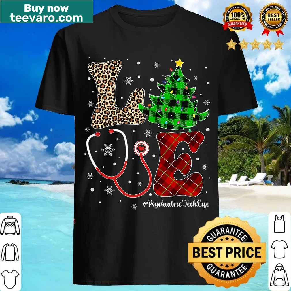 Buffalo plaid Christmas tree T-shirt for psychiatric techs — on a men's t-shirt