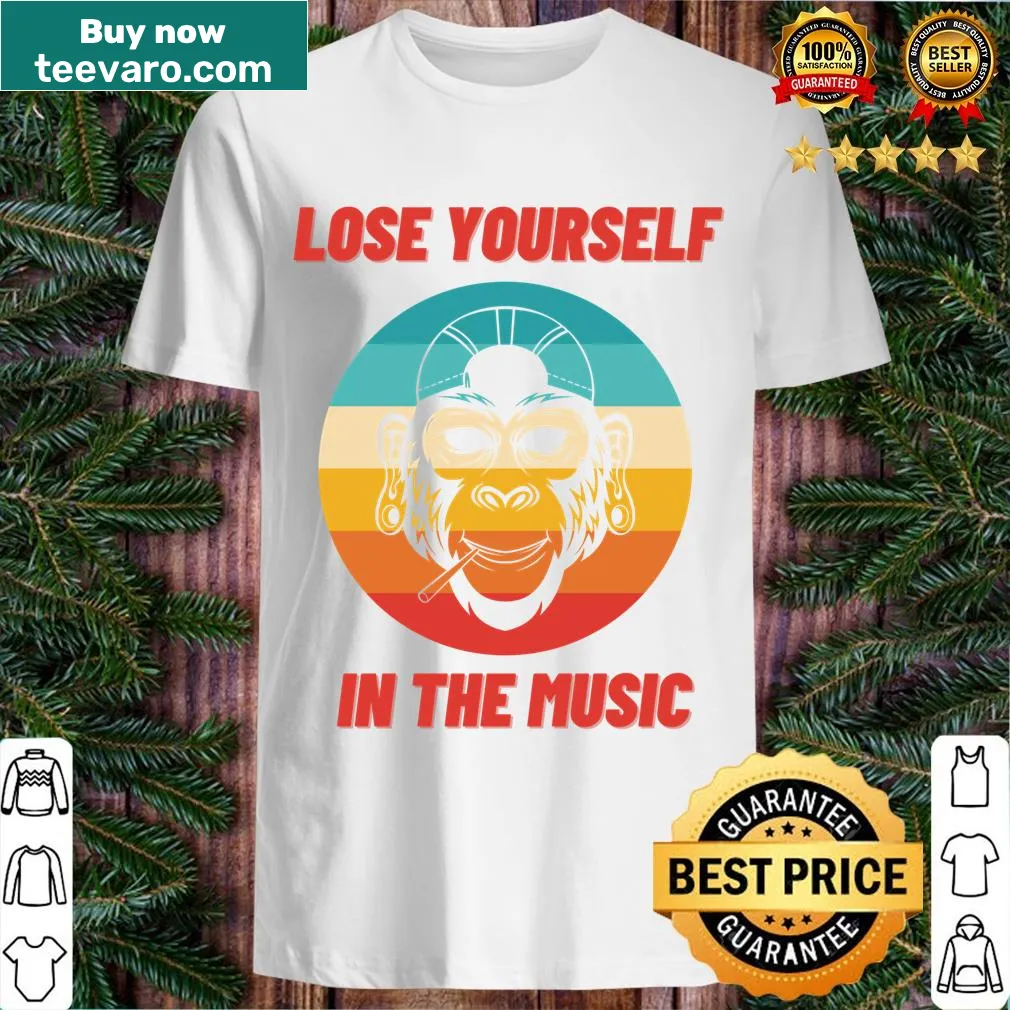 T-shirt featuring a monkey with headphones and motivational quote — on a men's t-shirt