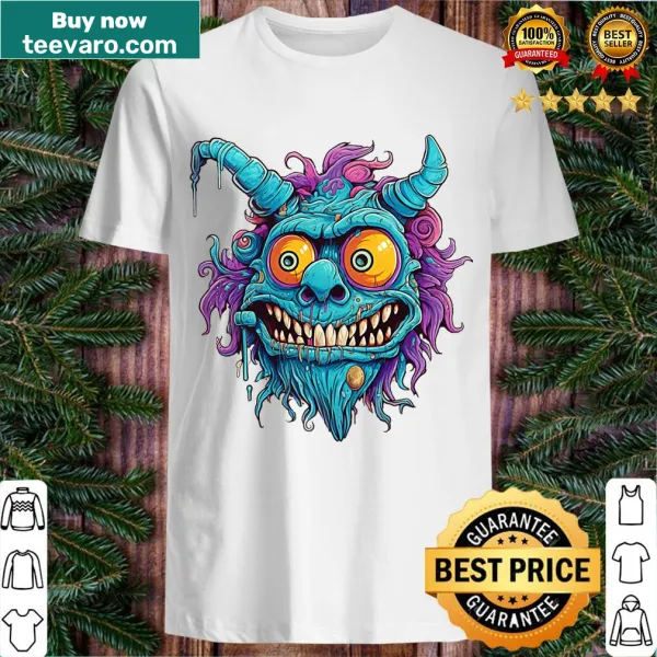 Cartoon monster illustration T-shirt with a playful design.