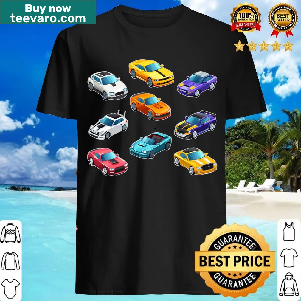 Cartoon hot rods isometric graphic T-shirt — on a men's t-shirt