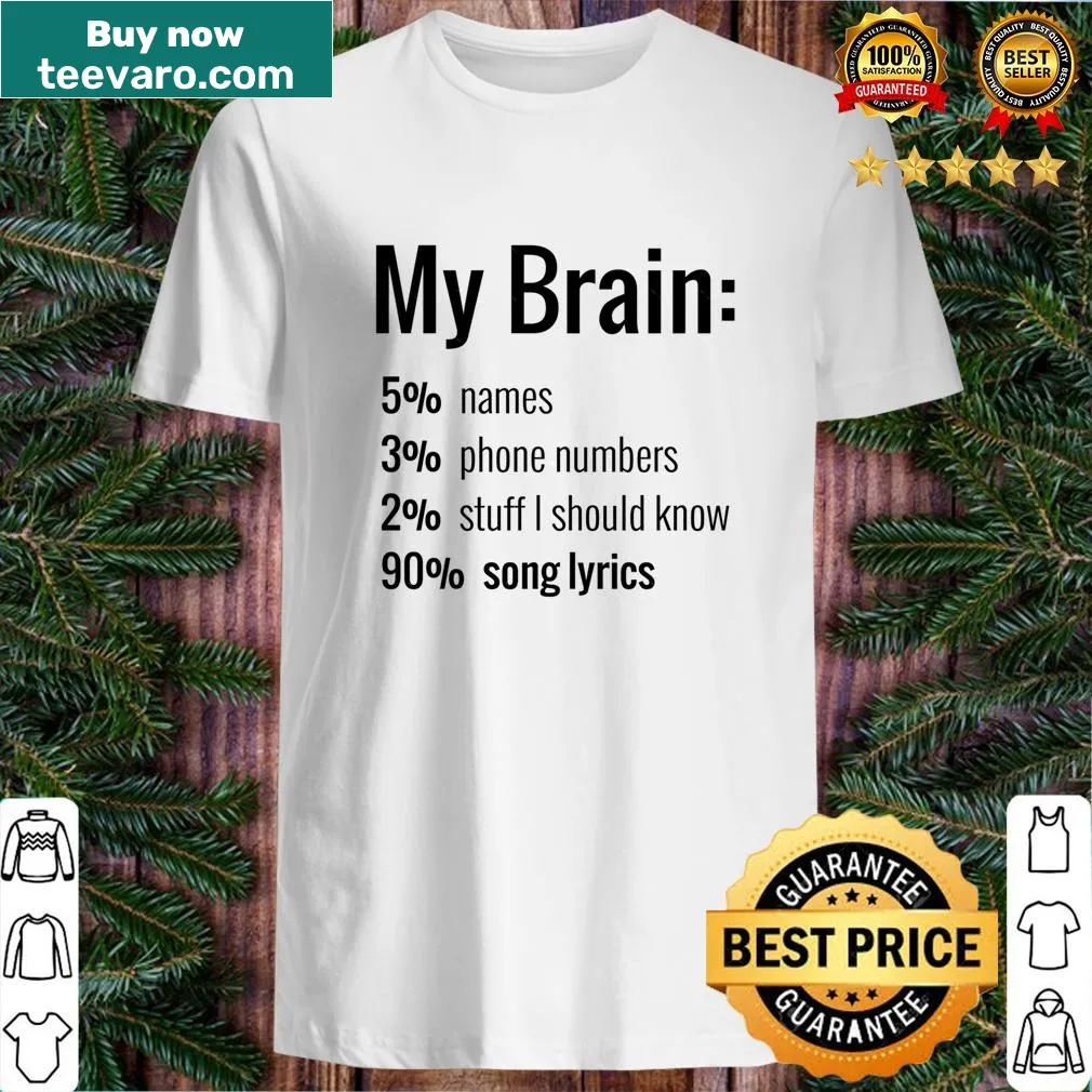 Funny T-shirt declaring My Brain Is 90% Song Lyrics — on a men's t-shirt