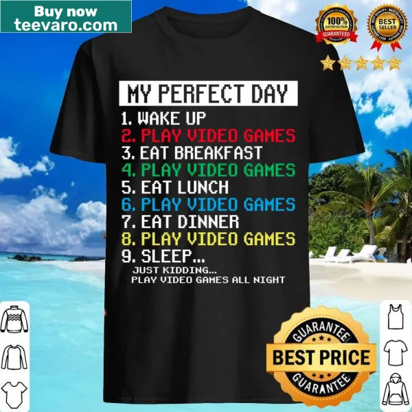 Funny gamer t-shirt with text about perfect gaming day