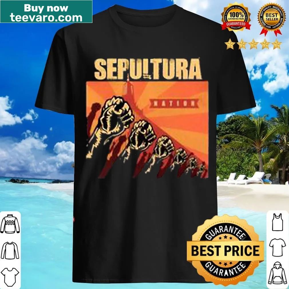Typography T-shirt featuring Sepultura band name — on a men's t-shirt