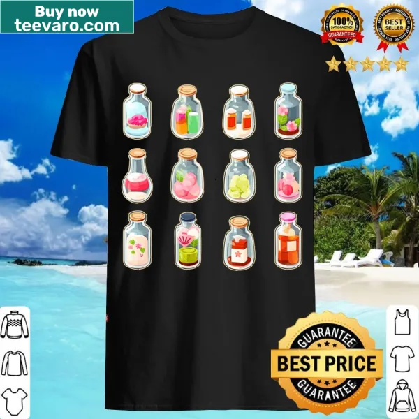 Cute isometric illustration of potion bottles on T-shirt