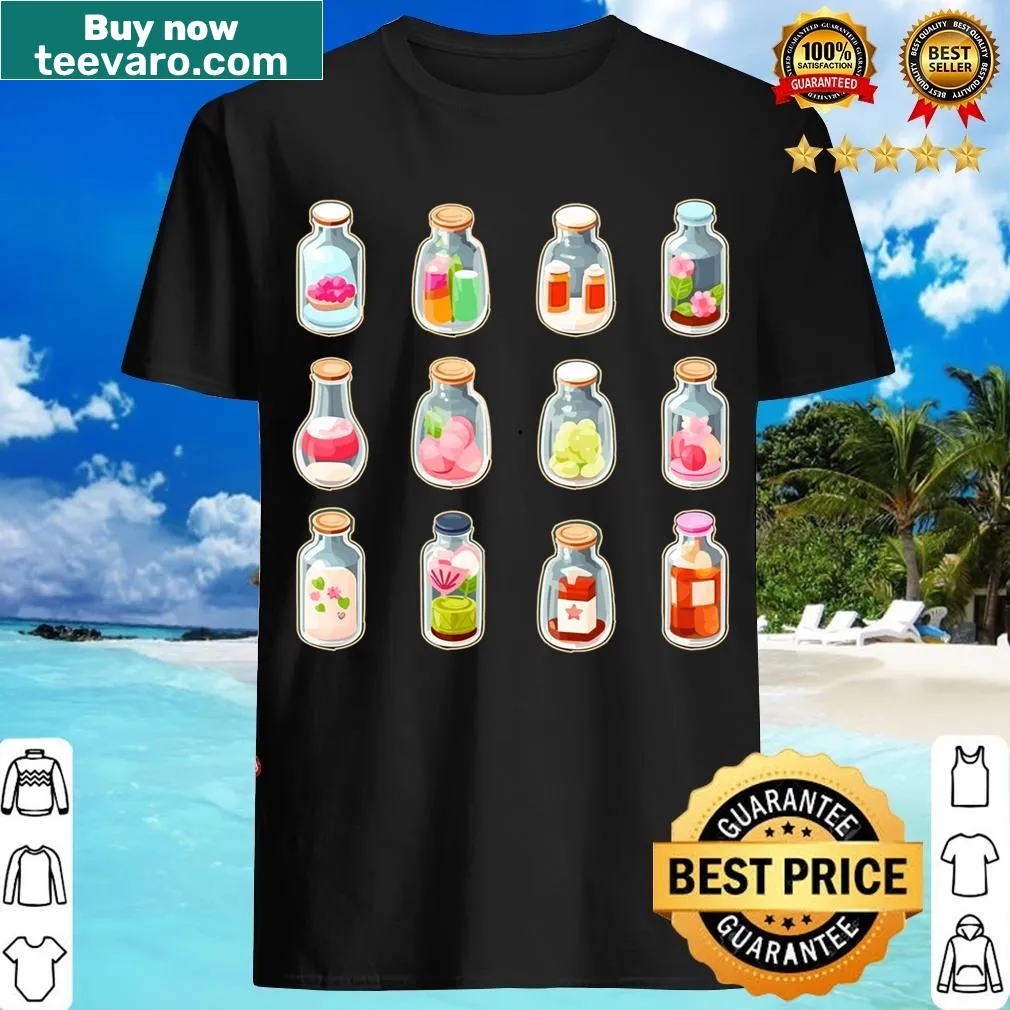 Cute isometric illustration of potion bottles on T-shirt — on a men's t-shirt