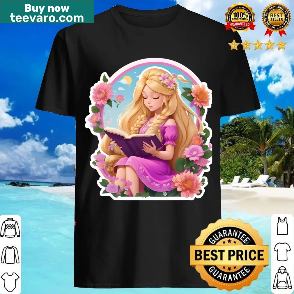 Rapunzel-themed t-shirt with a character reading a book in a pink dress — on a men's t-shirt