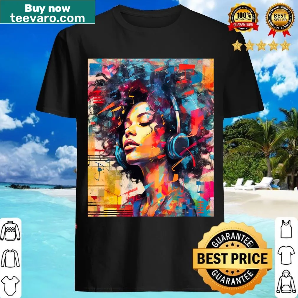 T-shirt with urban art design celebrating music and Black women — on a men's t-shirt