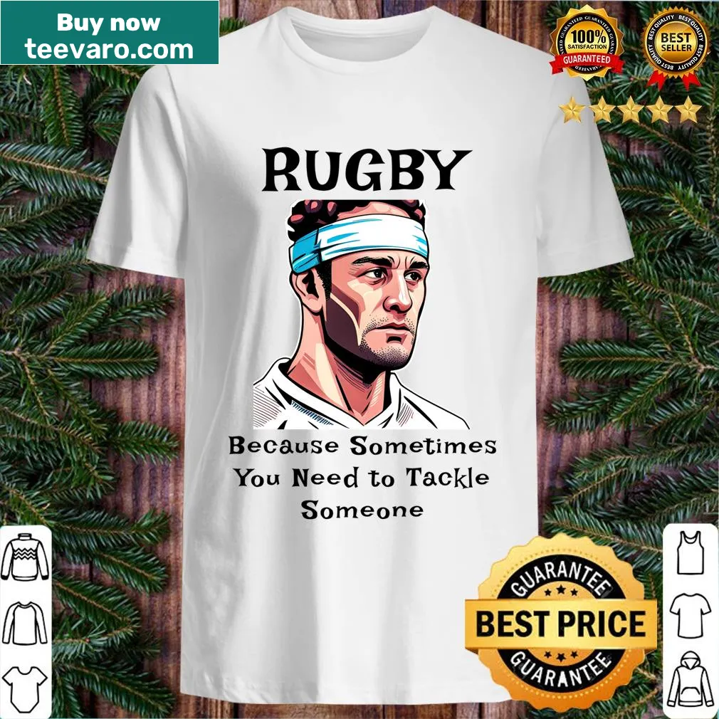 Rugby-themed T-shirt with tackle graphic — on a men's t-shirt