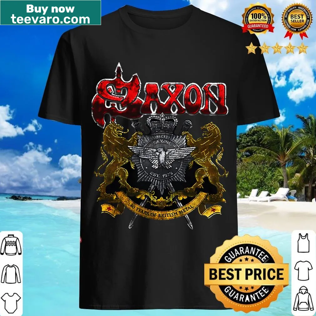 Saxon band logo graphic T-shirt — on a men's t-shirt