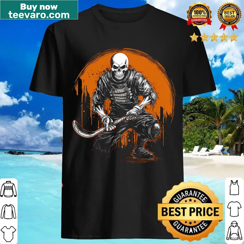 Halloween T-shirt featuring a skeleton playing ice hockey — on a men's t-shirt