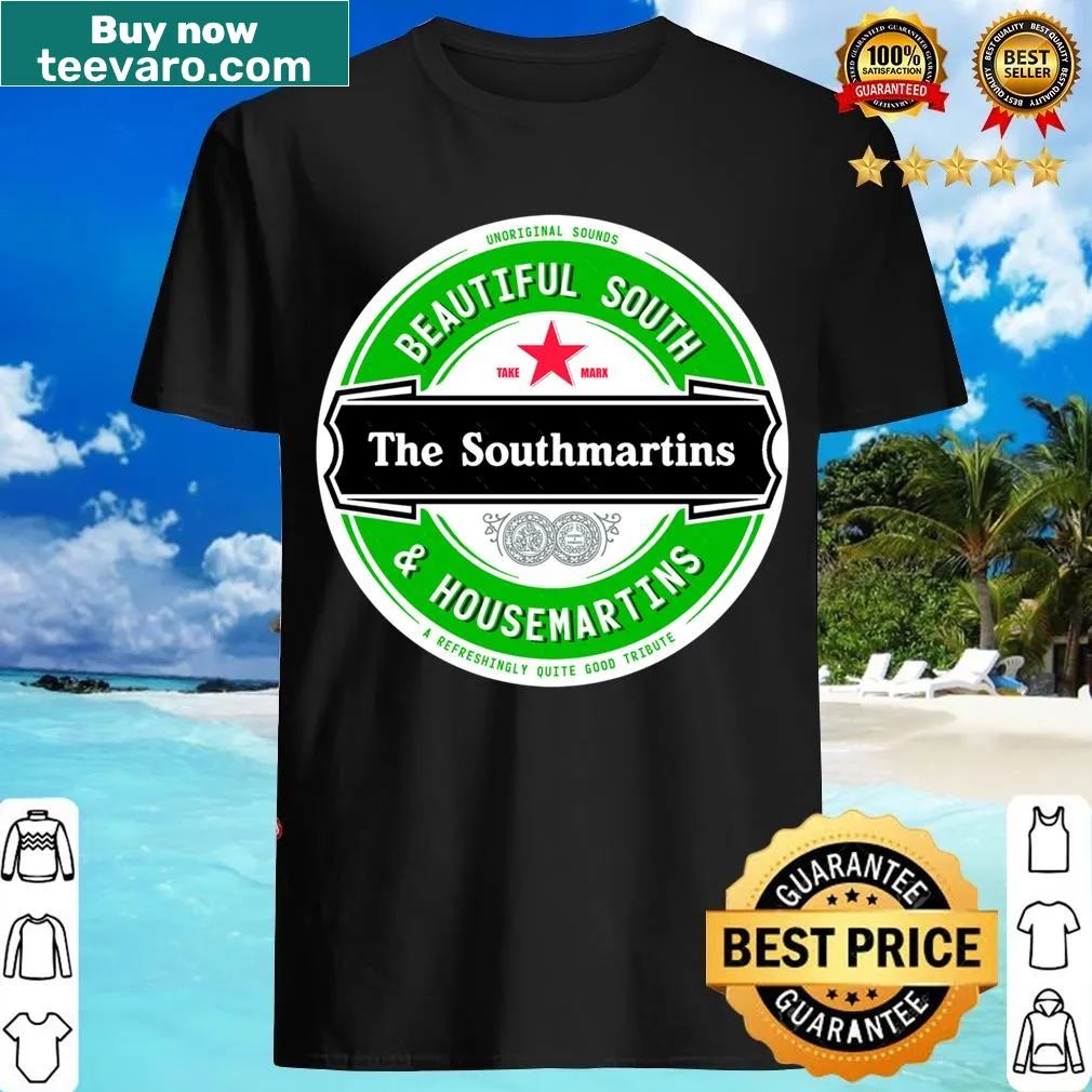 Southmartins tribute band beermat design T-shirt — on a men's t-shirt