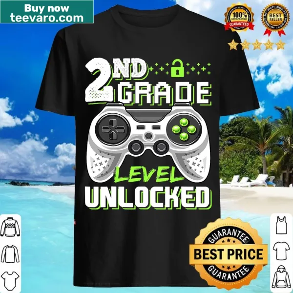 Video game-themed T-shirt with '2nd Grade Level Unlocked' text and graphic