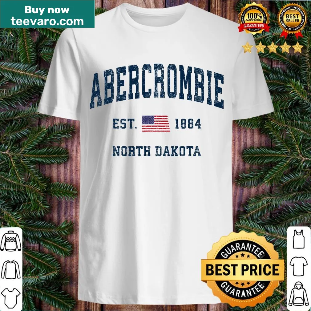 Vintage-style T-shirt with USA flag and 'Abercrombie North Dakota' text — on a men's t-shirt
