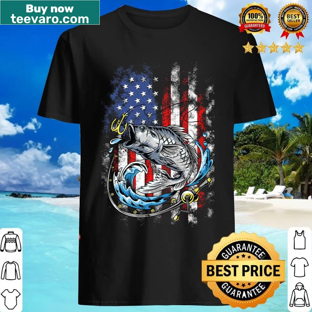 American flag fishing design T-shirt with rod and reel graphic — on a men's t-shirt