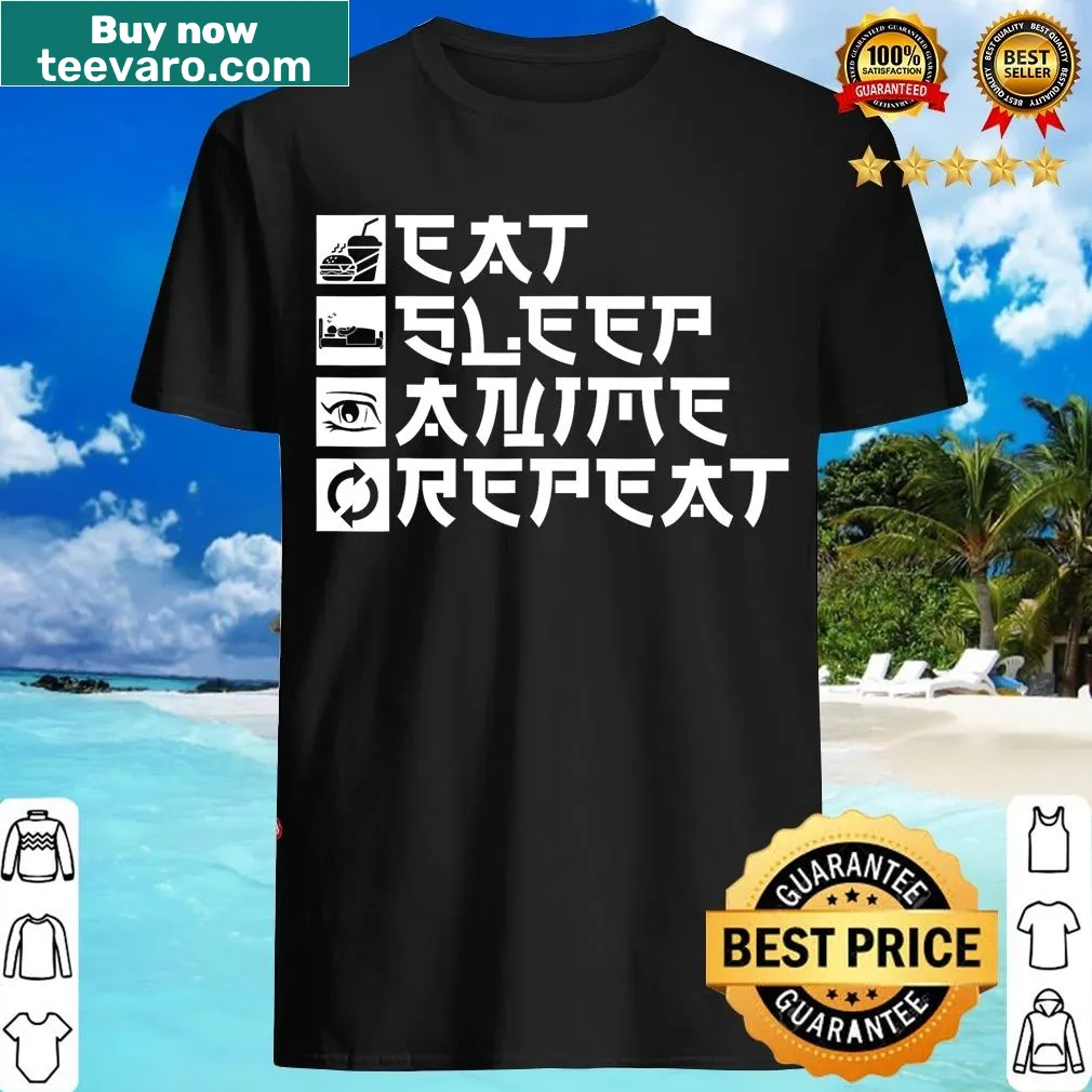 Funny anime-themed T-shirt with bold Eat Sleep Anime Repeat text — on a men's t-shirt