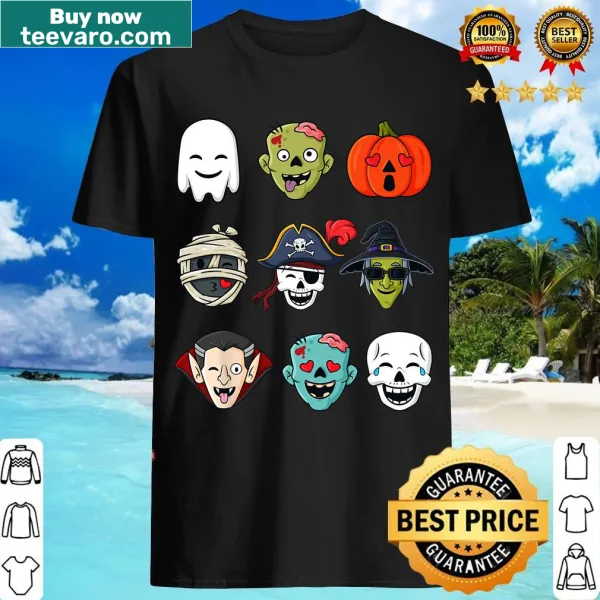 Halloween T-shirt for kids featuring pirate, skeleton, zombie, and mummy faces.