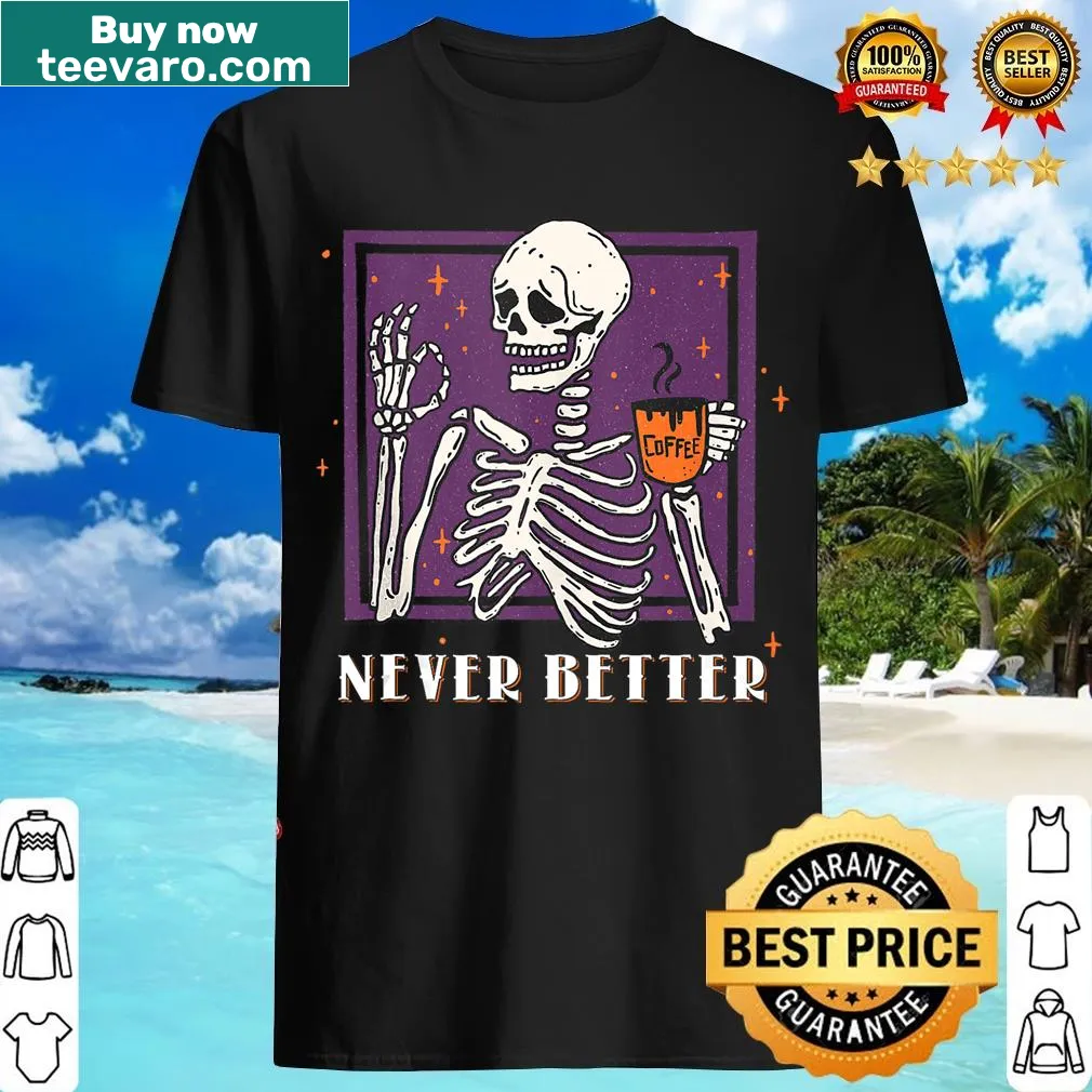Funny Halloween T-shirt for men featuring a skeleton and coffee graphic. — on a men's t-shirt
