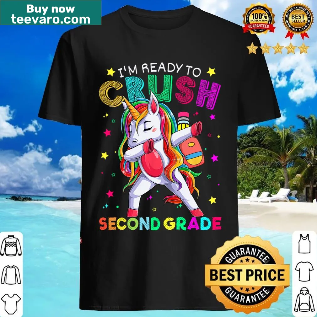 Illustrated unicorn with text about crushing second grade. — on a men's t-shirt