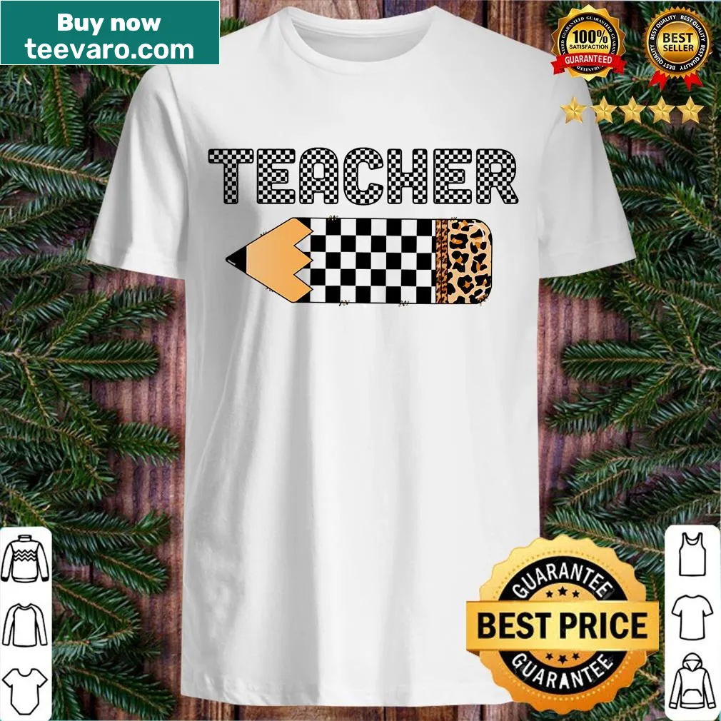 Retro checkered teacher t-shirt with leopard print pencil design — on a men's t-shirt