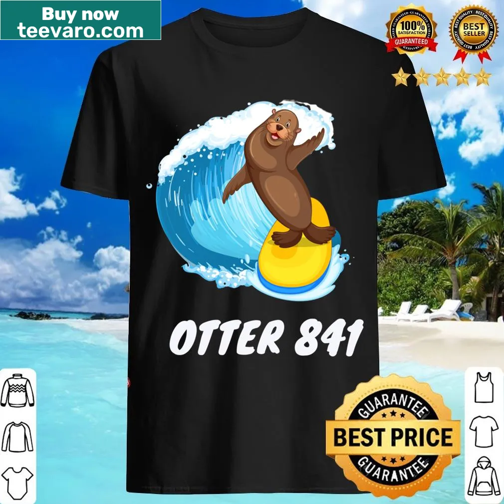 Whimsical surfing otter illustration shirt for California enthusiasts — on a men's t-shirt