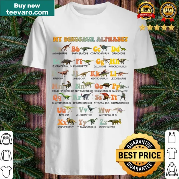 Cartoon dinosaur illustrations in alphabetical order on kids t-shirt