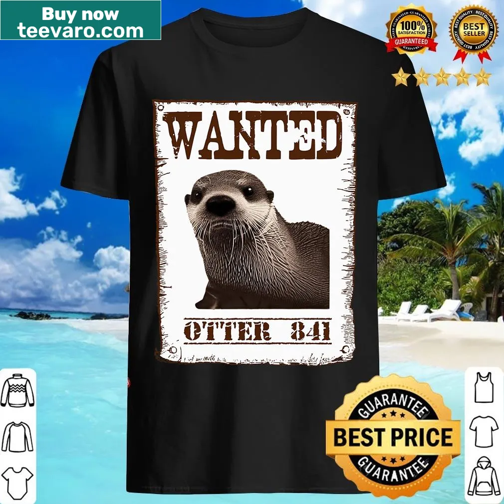 Illustration of a surfing otter on a 'Wanted Otter' t-shirt — on a men's t-shirt
