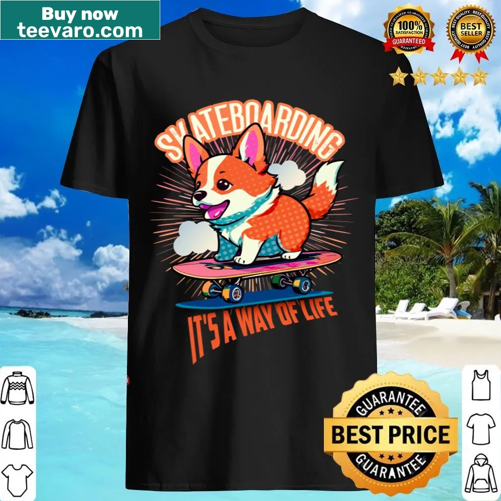 Cartoon Corgi skateboarder t-shirt with playful text — on a men's t-shirt