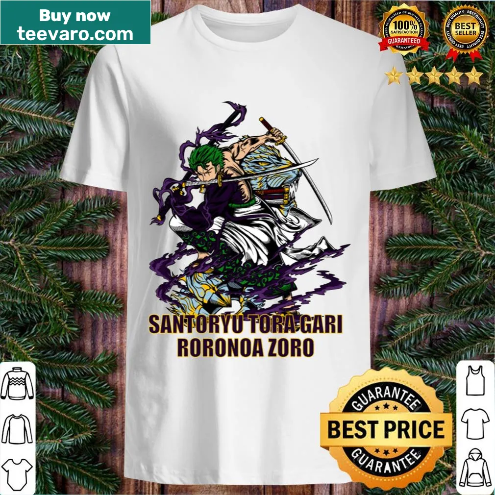 Anime t-shirt featuring Roronoa Zoro in action — on a men's t-shirt