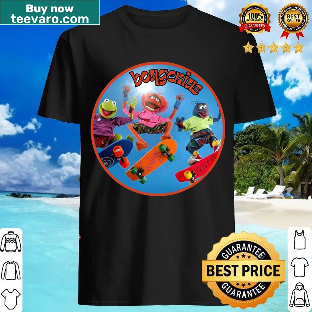 Whimsical graphic combining Boygenius and The Muppets on an orange T-shirt. — on a men's t-shirt